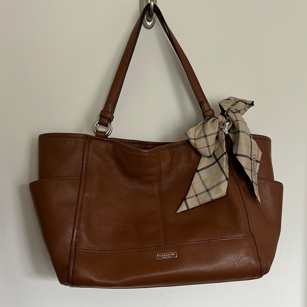 Camel Leather Coach Park Leather Carrie Tote with Bow scarf